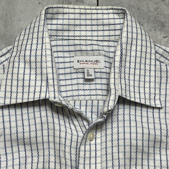 Emanuel Ungaro Dress Button Up Mens Shirt Sz S 15‎ 32/33 White Blue Check - Picture 3 of 7
